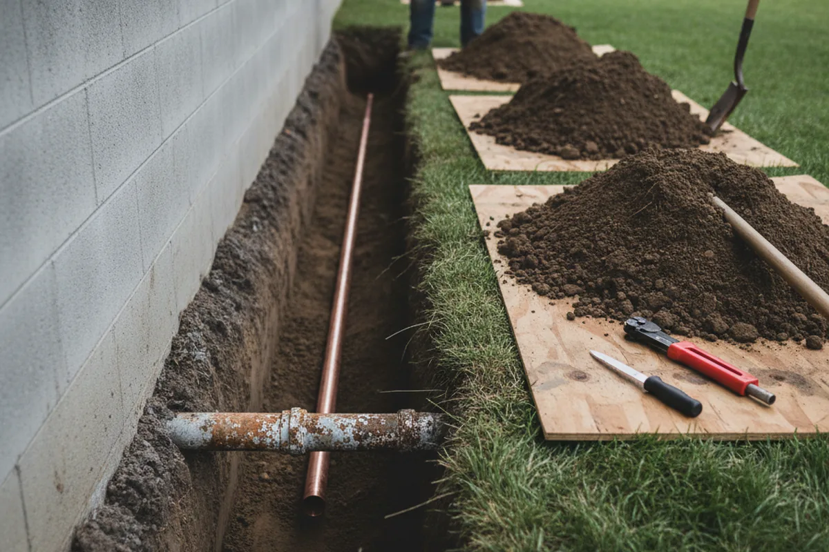 Excavated water line trench during Sewer Line Repair in Siloam